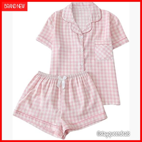 Women's Plaid Pajama Set Short Sleeve Button Down Shirt Shorts Loungewear
